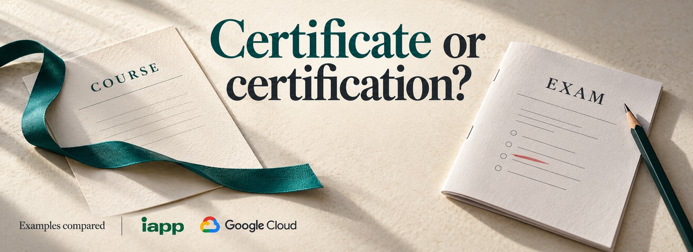 Certificate or certification: a course sheet and exam booklet with IAPP and Google Cloud identifiers.
