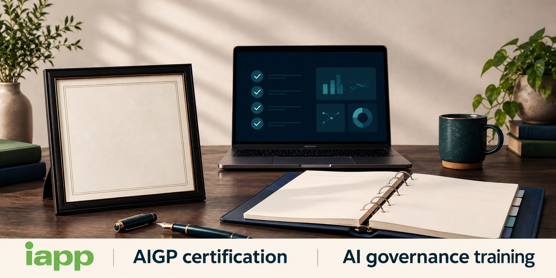 Professional study workspace labelled IAPP AIGP certification and AI governance training