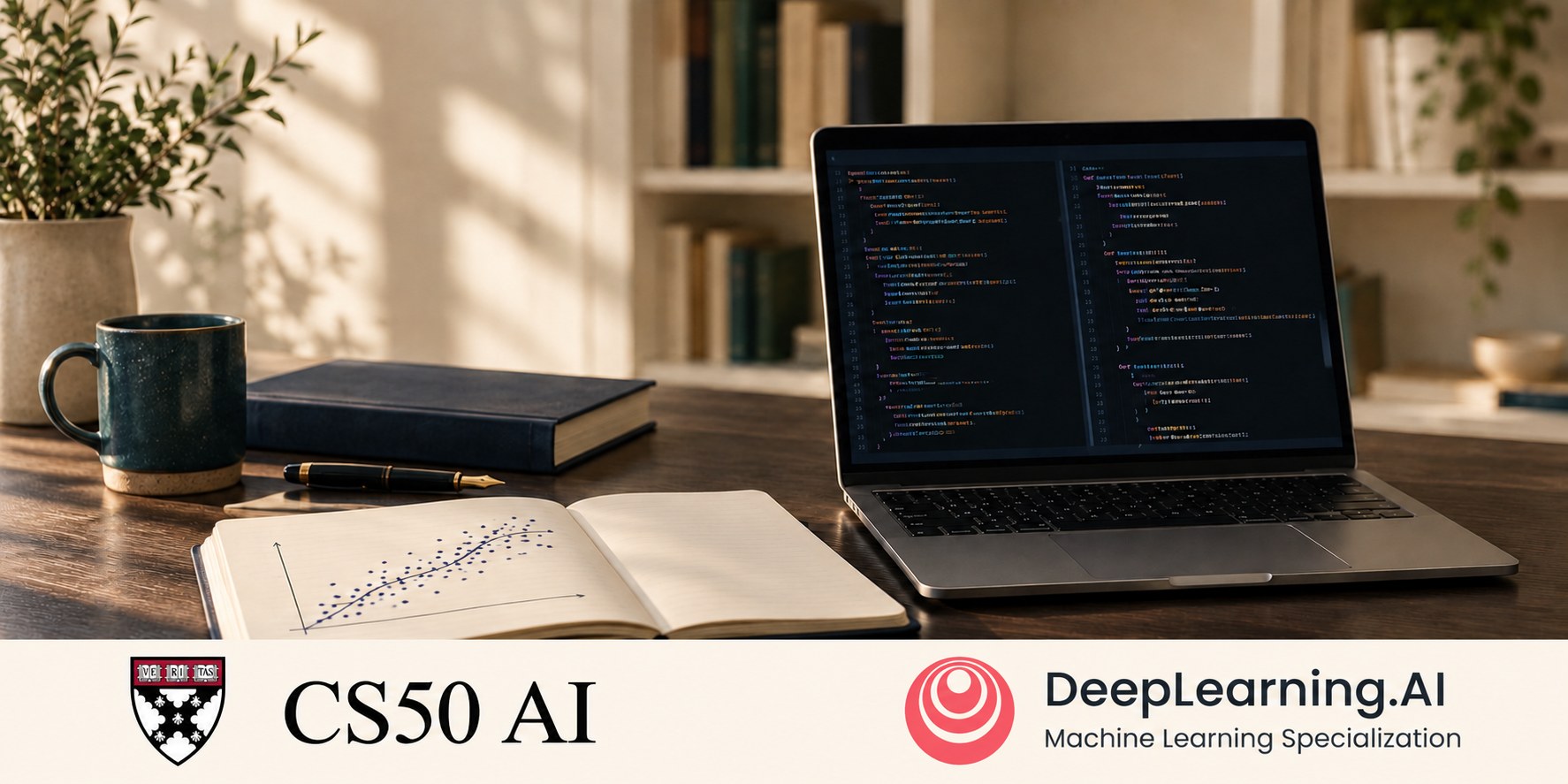 Programming laptop and machine learning notebook, labelled CS50 AI and DeepLearning.AI