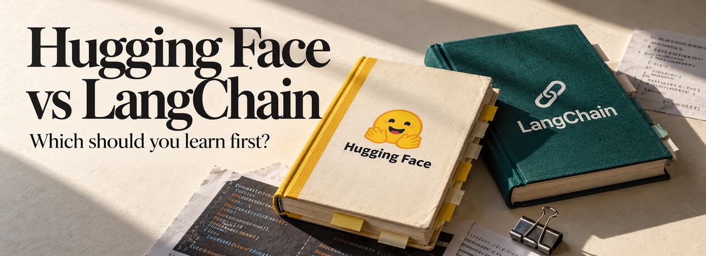 Hugging Face versus LangChain: two developer field manuals on a cream surface.