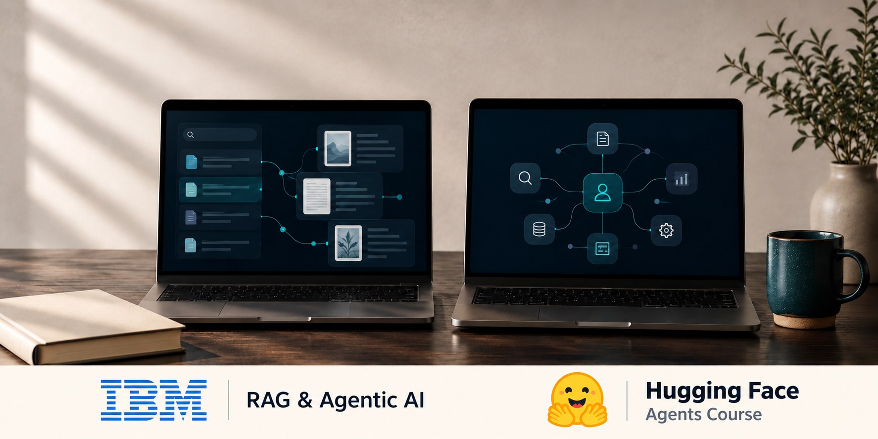 Two laptops showing retrieval and agent workflows, labelled IBM and Hugging Face