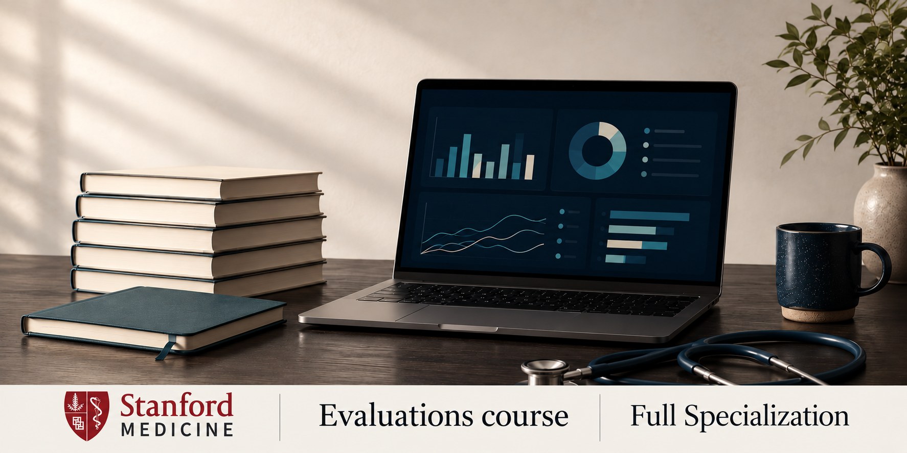 Healthcare study workspace with Stanford Medicine branding and labels for the Evaluations course and full Specialization